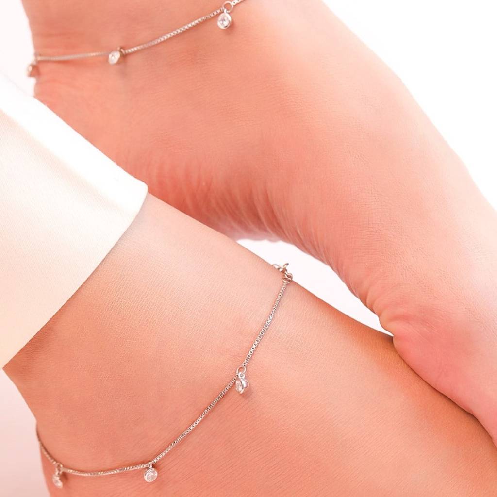 Zavya Drop Rhodium Plated 925 Sterling Silver Anklet : ANK-60104-PAIR