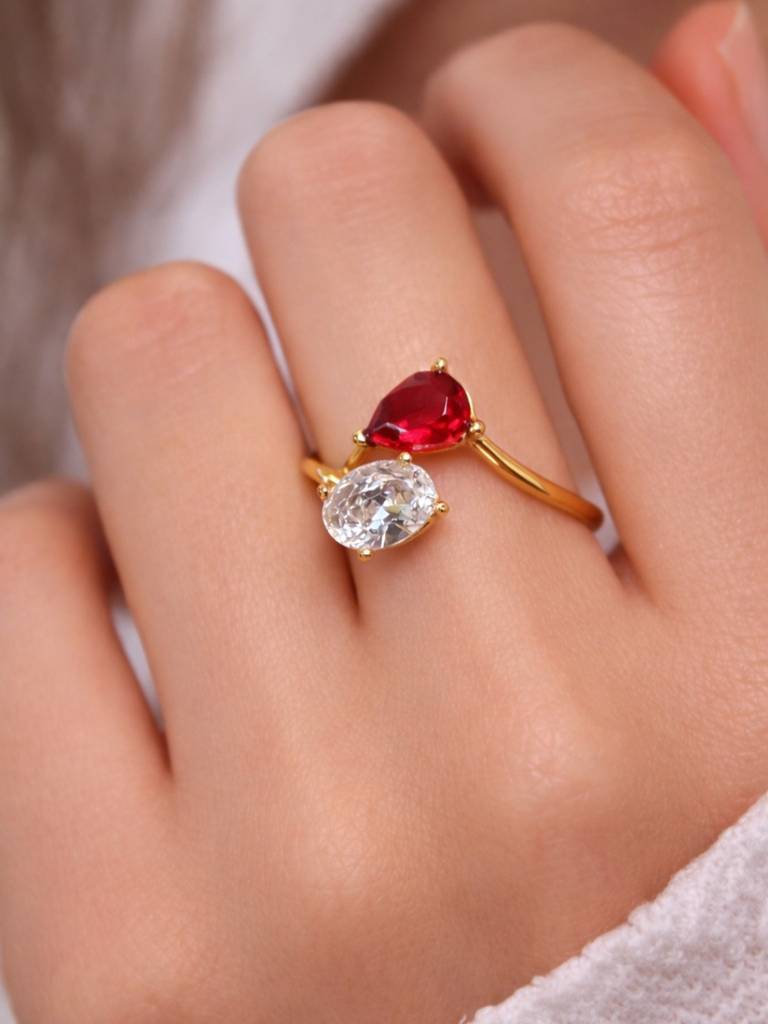 Red Ruby & White Cz Open Adjustable Gold Ring For Women : ATR853RMOS