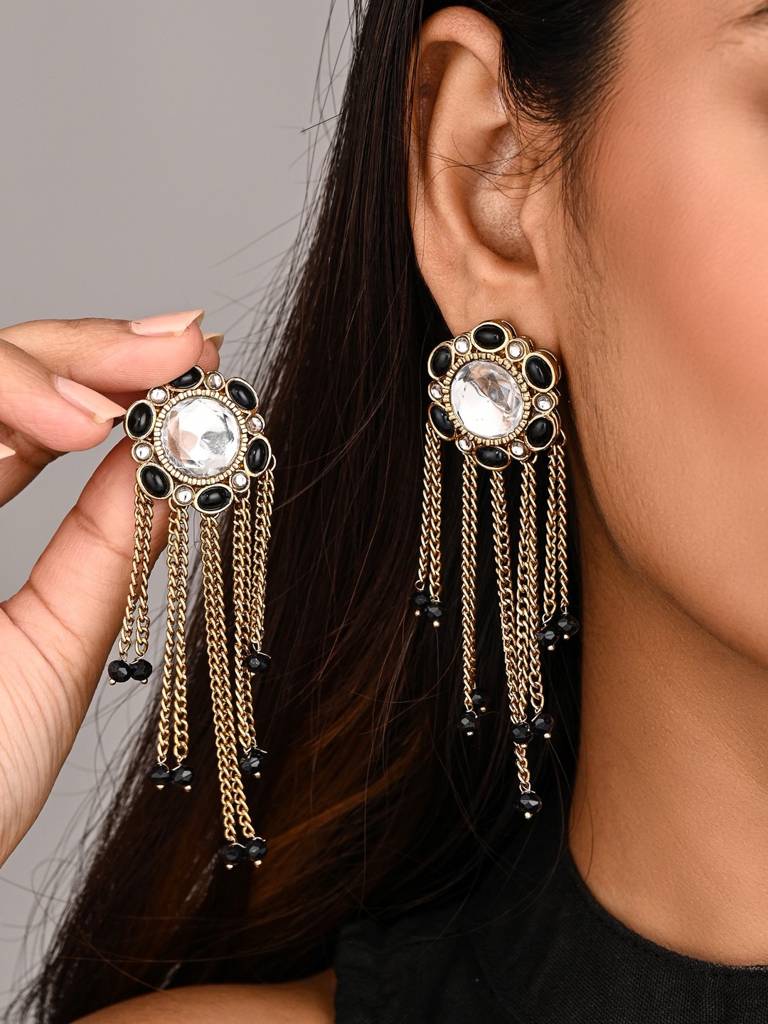 Kundan Tassel Drop Earrings : S24FAER519BLK