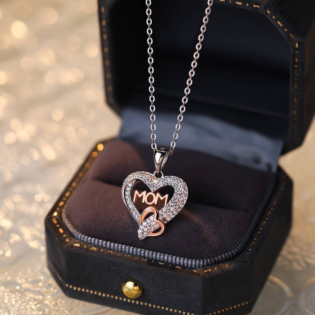 925 Sterling Silver Rosegold Dual Heart Mom Pendant With Chain, Mother'S Day Gift : BRDRPN155