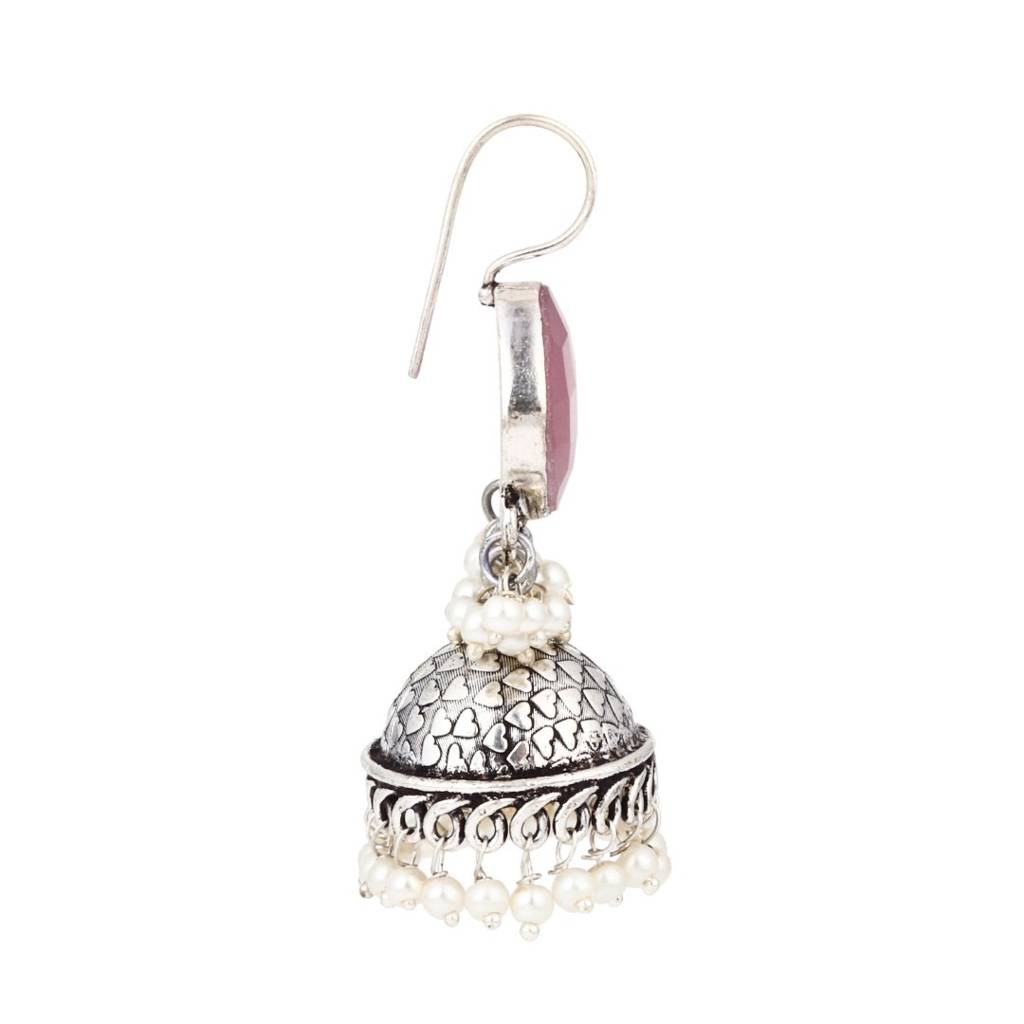 Oxidised Silver Brass Stone Jhumka Earrings : S24AJER253PNK