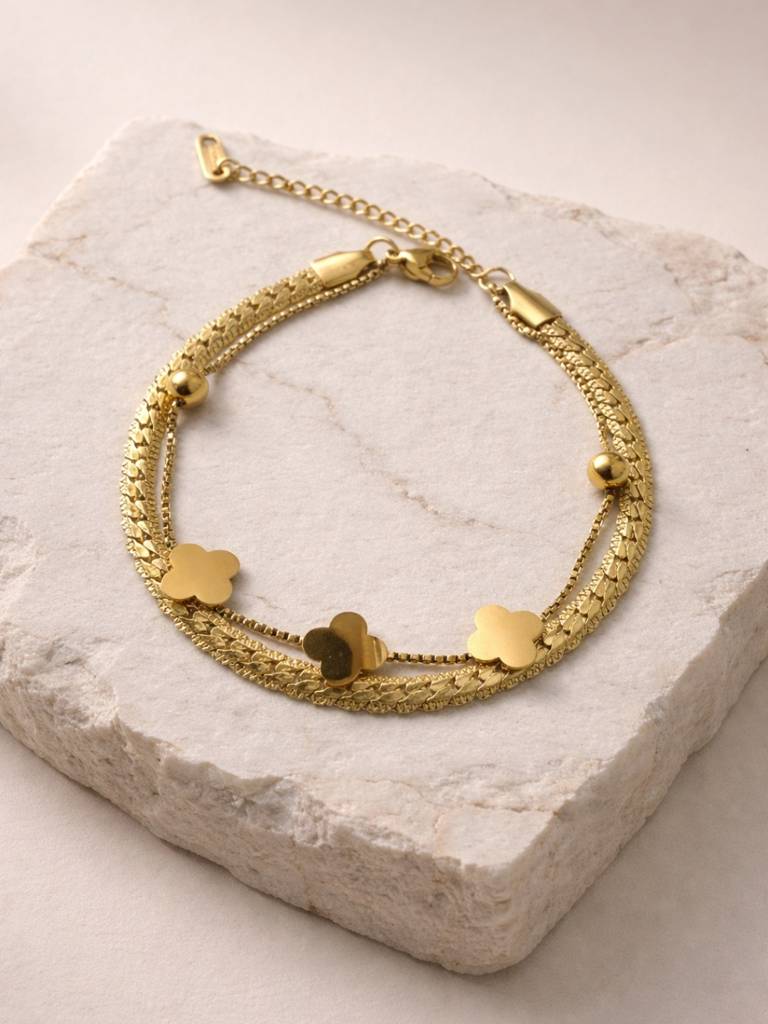 Clover Double Layer Cuban Chain Bracelet – 18K Gold Plated : ATCB750CDCCB