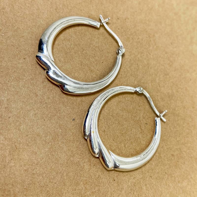 925 Sterling Silver Chunky Round Textured Hoops | Oval Puffy Hoop Earrings : TWP1161