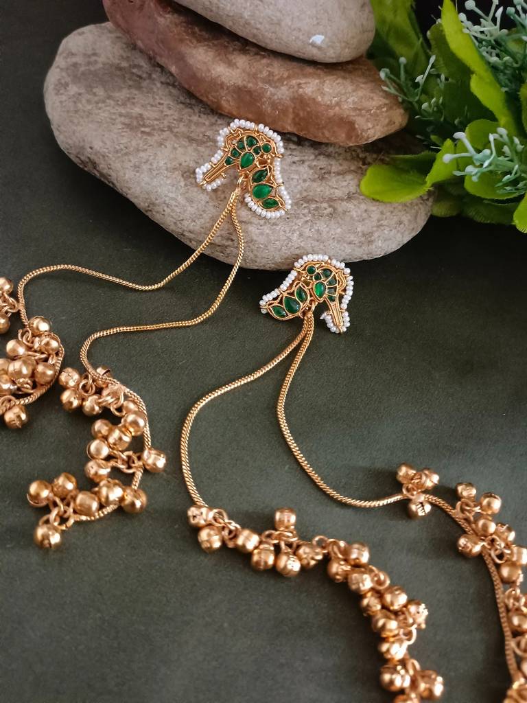 Gold-Plated Kundan Studded & Ghungroo Beaded Tasselled Peacock Kashmiri Drop Earrings : VS105308