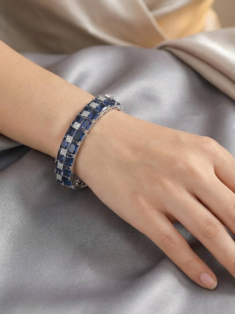 Silver Plated Blue Zircon Minimal Luxe Bridal Kada Bracelet : SJBR2929
