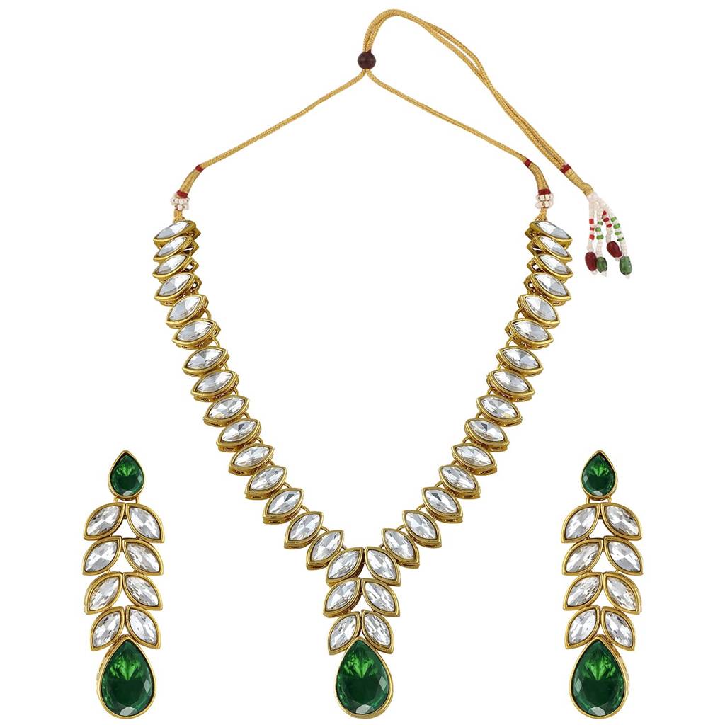 Peora Gold Plated Traditional Crystal Studded Long Necklace Earrings Jewellery Set For Women : PF24N15G
