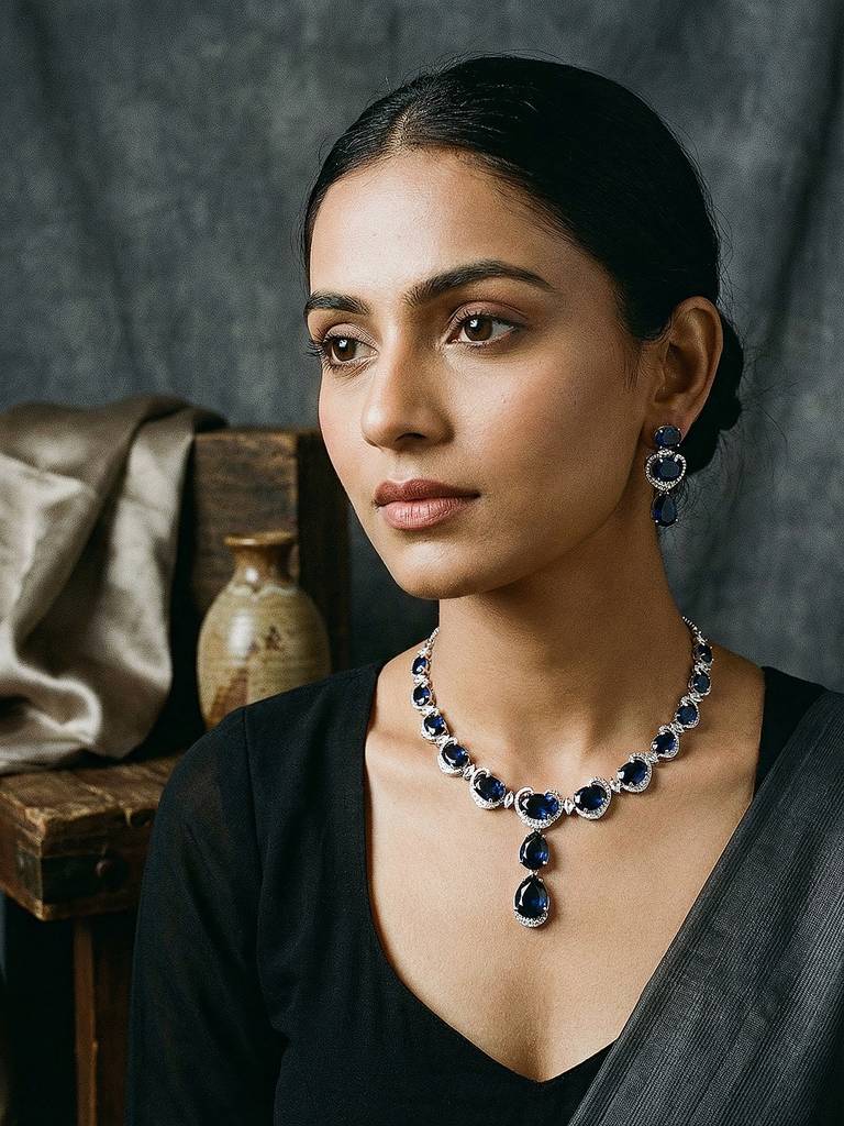 Silver Plated Sapphire Blue Ad Zircon Studded Designer Statement Cocktail Jewellery Set : SJNK2941