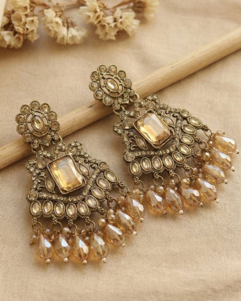 Gold - Plated Antique Gold Champagne Stone Long Earrings For Women : RJ122