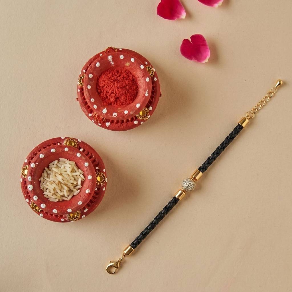 18K Gold-Plated Round Ball Rakhi | Classic Beaded Designer Rakhi For Brother | Elegant Raksha Bandhan Gift : RAKHI_056