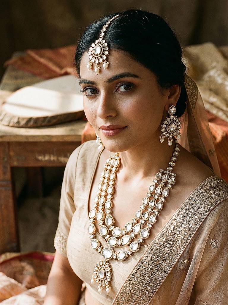 Gold Antique Uncut Polki Kundan Layered Statement Bridal Jewellery Set : SJNK2903