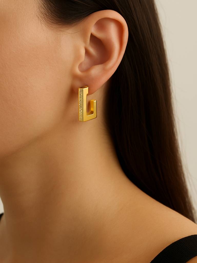 Square Studded Gold Half Hoop Earrings Â 18K Gold Plated Cz : ATE608SSHH