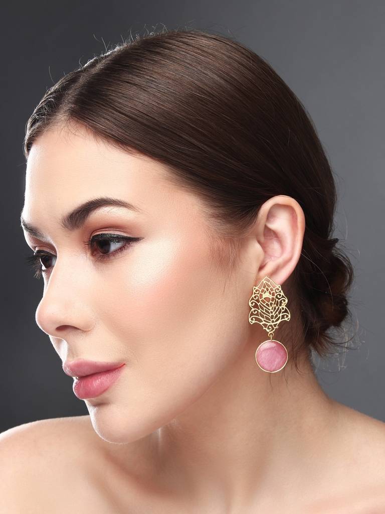 Gold Filigree Stone Drop Earrings : S24JJER210PNK