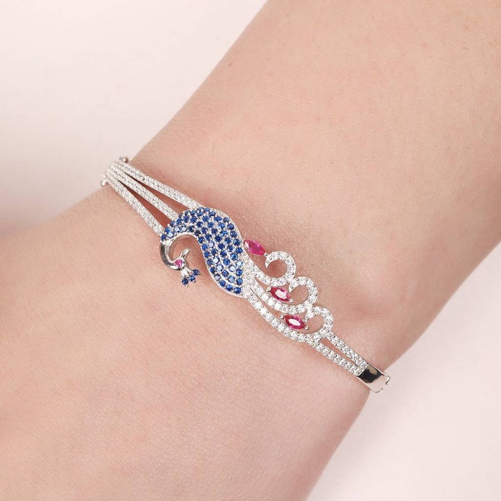 Regal Plumage Rhodium-Plated 925 Sterling Silver Peacock Bracelet : BR-80350-R