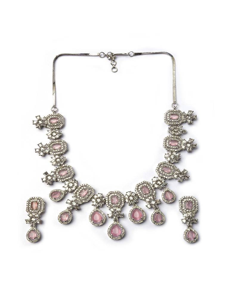 Silver Plated Brass Luxury American Diamond Necklace Set : AD136PINK