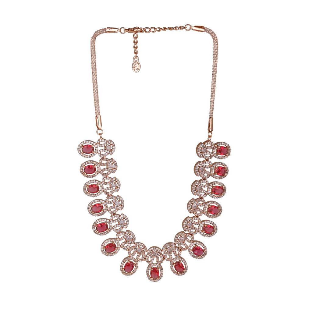 Estele Rose Gold Plated Dazzling Necklace Set With Ruby Stones For Women