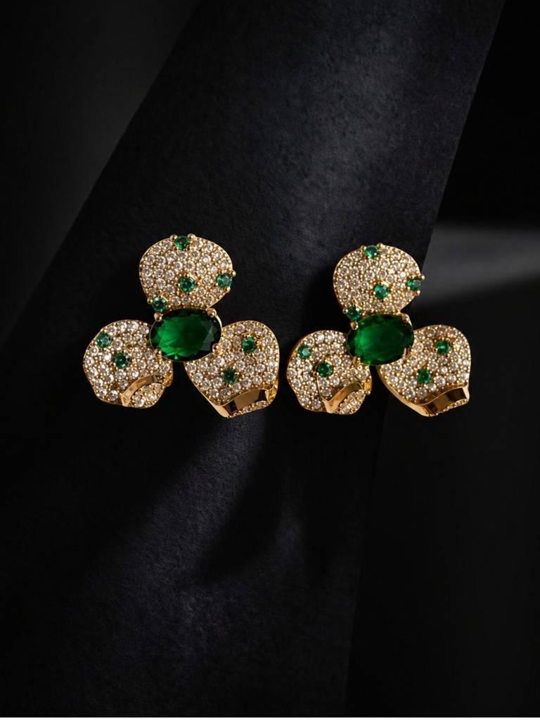 Emeralda Floral Set | 18K Gold Plated Necklace & Earrings With Pavé Cz Stones : SET949ESFS