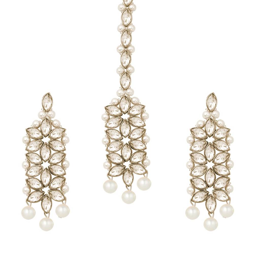 Peora Indian Traditional Gold Plated Kundan Faux Pearl Wedding Bridal Necklace Jewellery Set With Earring Maang T : PF25BR105W