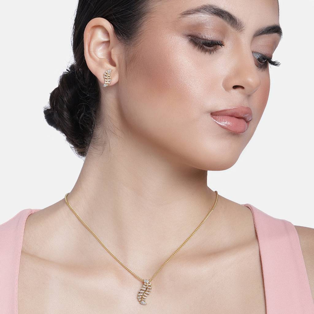 Estele Gold Plated Leaf Shaped Pendant Necklace Set With White American Diamonds For Girls & Women : AD-071NKER