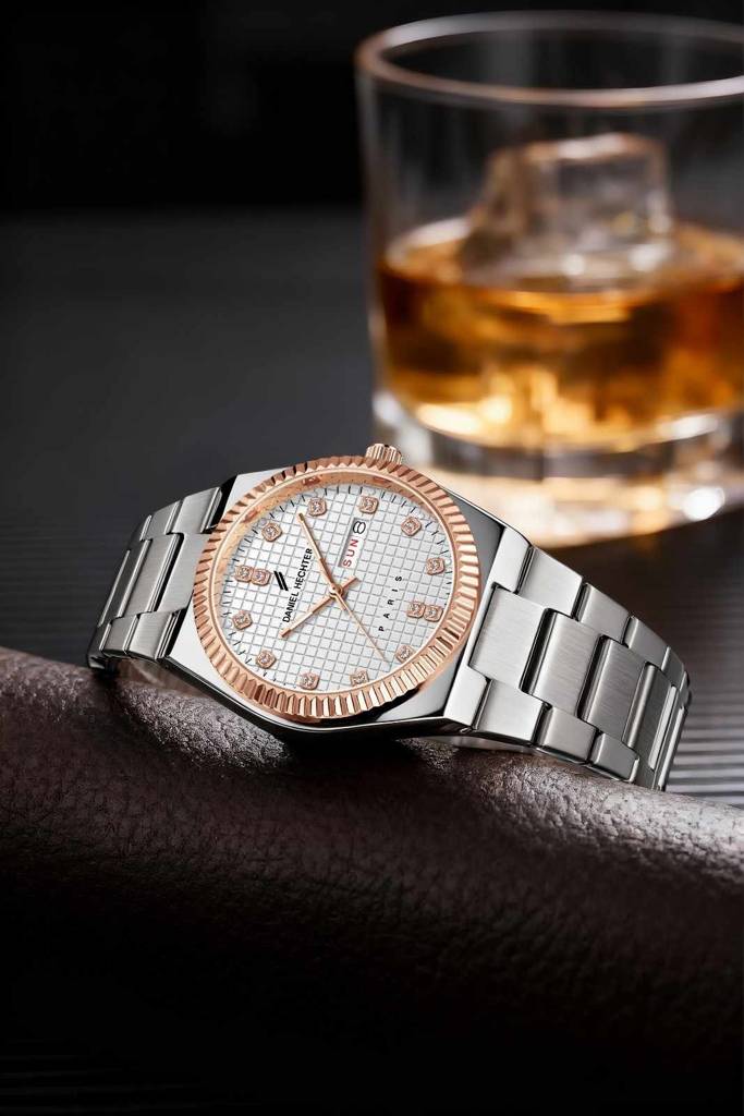 Daniel Hechter Hoche Collection Classic Analog Watch For Men – Textured Dial,Crystal Indices With Fluted Bezel, D : DHM1027-22