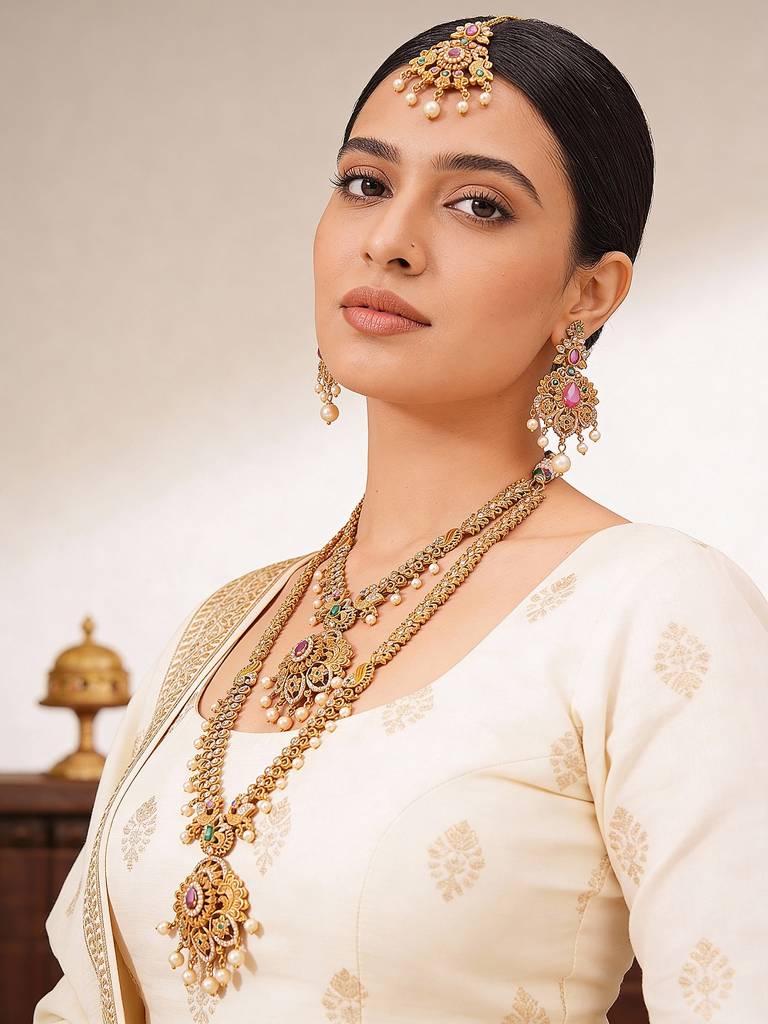 Combo Gold Plated Ad & Pearl Studded Temple Peacock  Bridal  Jewellery Set : SJNK2973