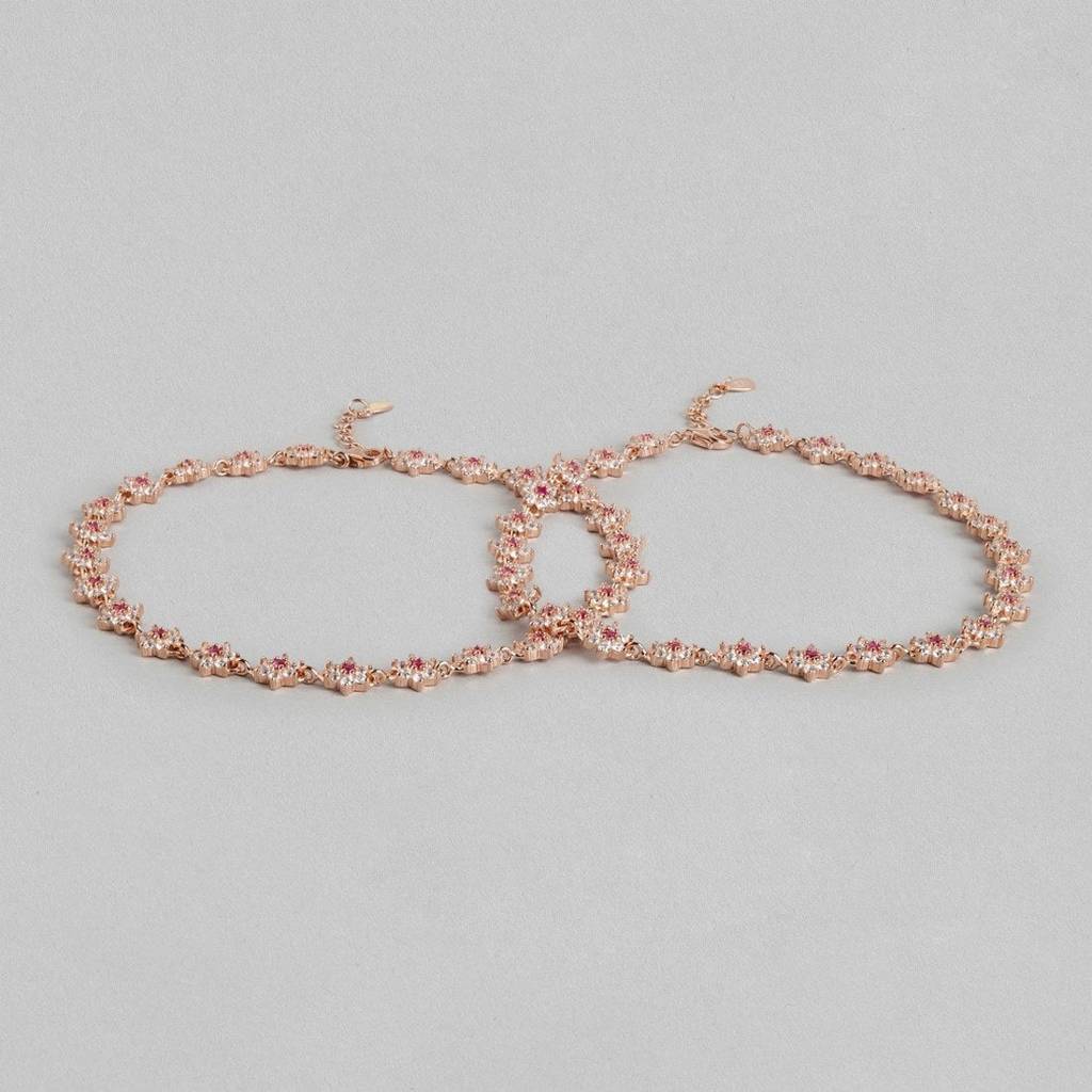 Floral Cubic Zirconia Rose Gold Plated 925 Sterling Silver Women'S Anklet : ANK-60331-PAIR-RG