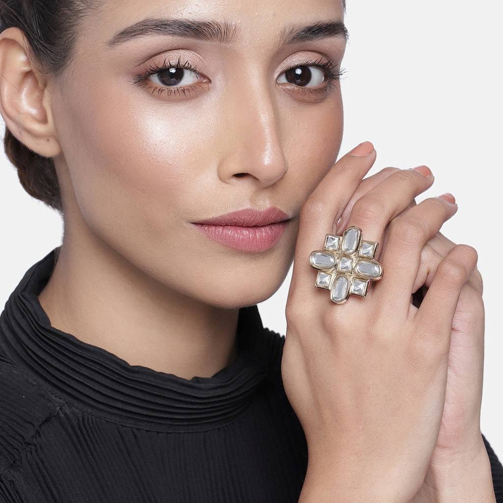 Estele Gold Plated Traditional Polki Kundan Ring For Women. : 540-IGRING
