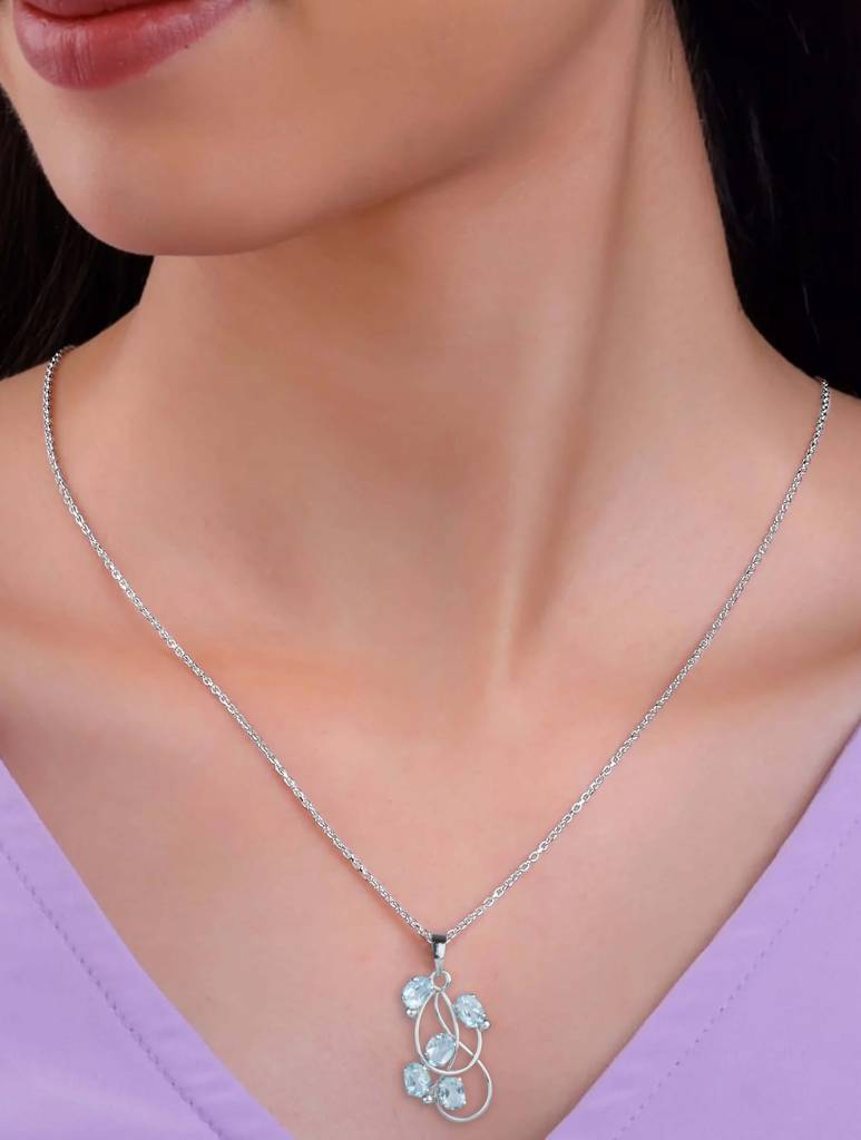 925 Sterling Silver Blue Topaz Pendant With 18 Inch Chain Handmade Gemstone Necklace For Women Elegant Jewelry : FU-1056