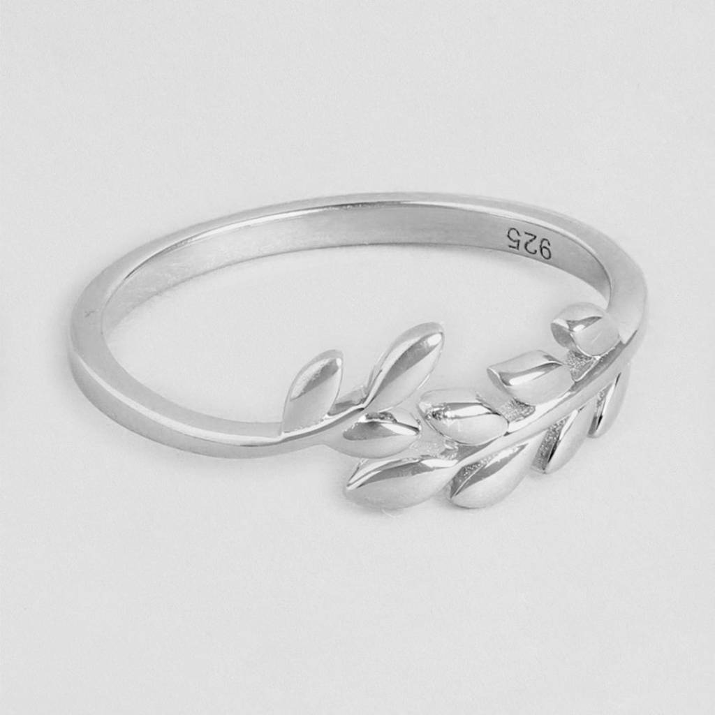 Graceful Rhodium Plated 925 Sterling Silver Leaf Ring : RNG-40149-R