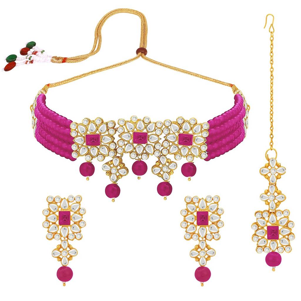 Peora Ethnic Indian Traditional Kundan Studded Necklace & Jewellery Set Gift For Women Girls : PF37N224RP