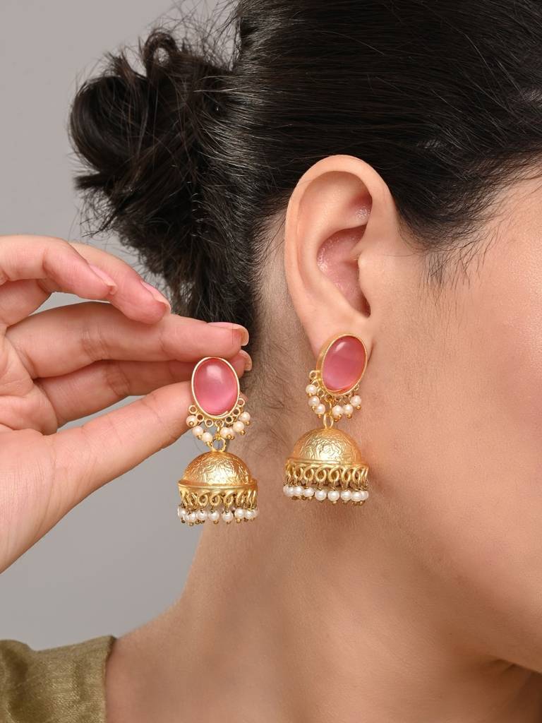 Gold Finish Pearl Dome Jhumka Earrings : S24JJER211PNK