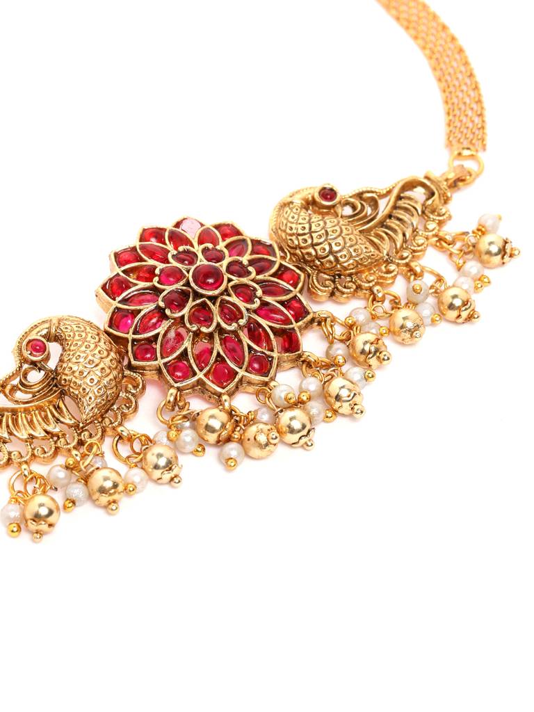 Â Gold Plated Floral Choker With Earrings Set : SATJS335RED