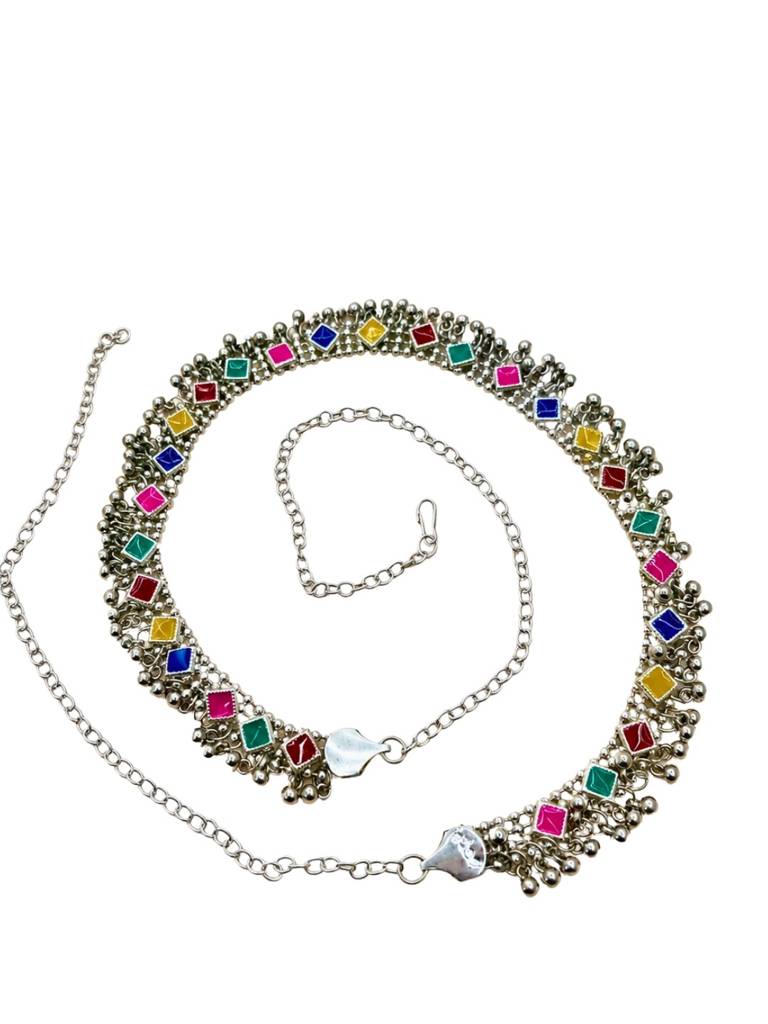 Women Oxidised Silver-Plated Multicolour Stone Studded Kamarbandh Waist Belt : VI26KB10009