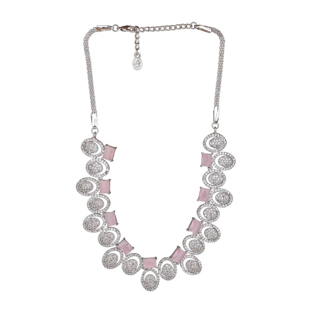 Estele Rhodium Plated Cz Elegant Necklace Set With Mint Pink Crystals For Women