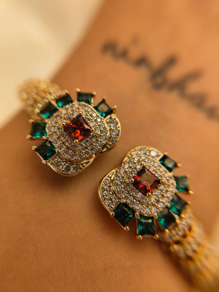 Ethnic Multicolor Stone Studded Cuff Â 18K Gold Plated, 316L Stainless Steel, Ad & Cz Stones : S925B502EMSSC