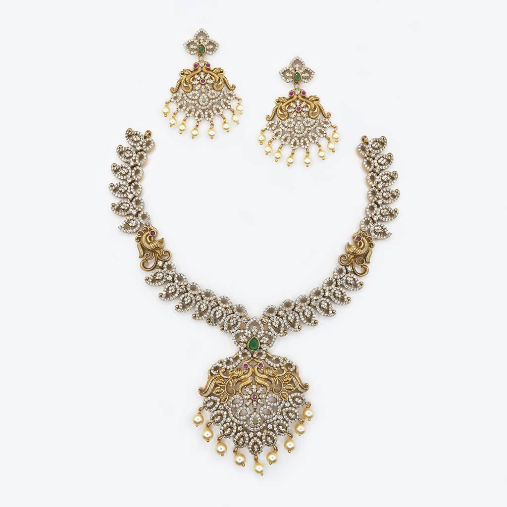 Sumana Temple Necklace With Earrings | American Diamond : RKNP000003