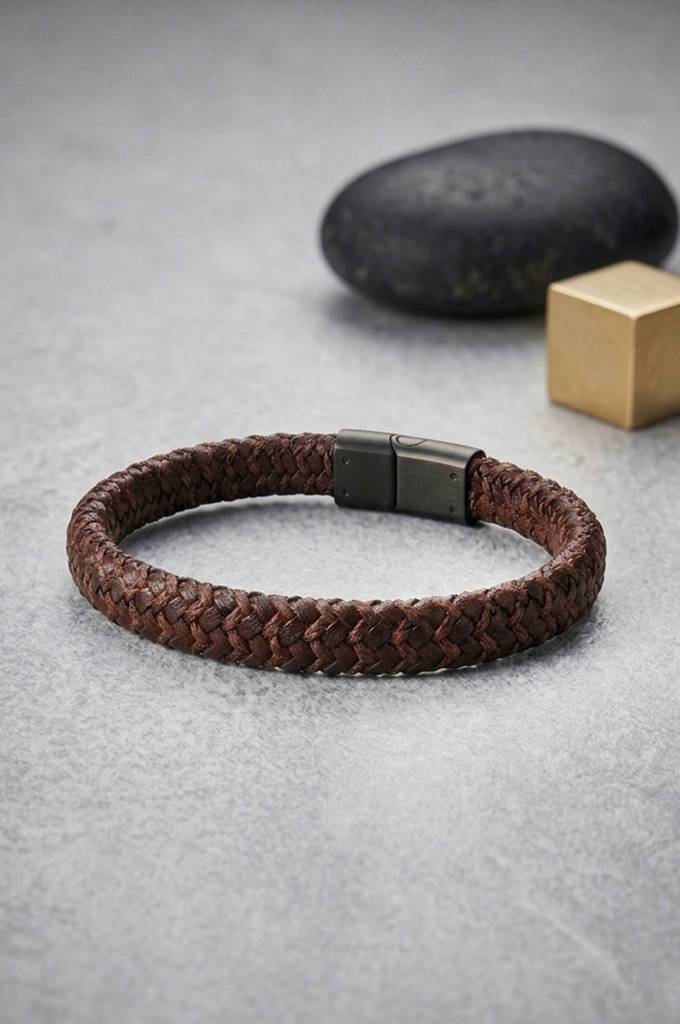 Men'S Braided Brown Leather Stainless Steel Bracelet : MSBBBL7D007
