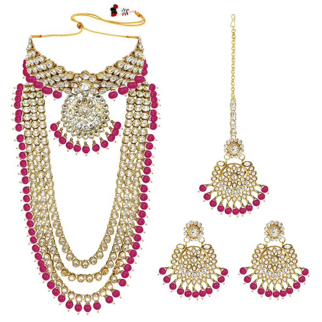Peora Gold Plated Kundan & Rani Pink Faux Beads Studded Bridal Jewellery Set Gift For Women : PF25BR106RP