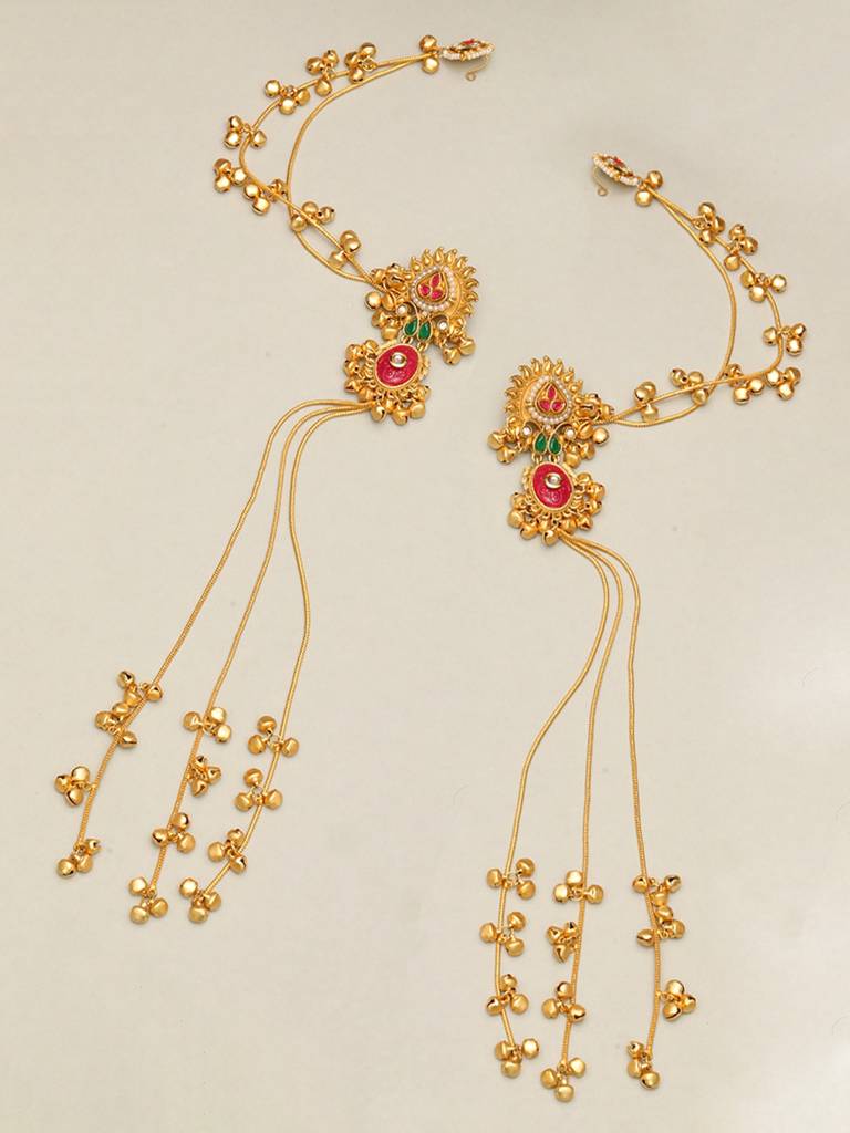 Premium Gold Plated Kundan Stone Studded Kashmiri Ear Chain Drop Earrings : VI25EROX100171