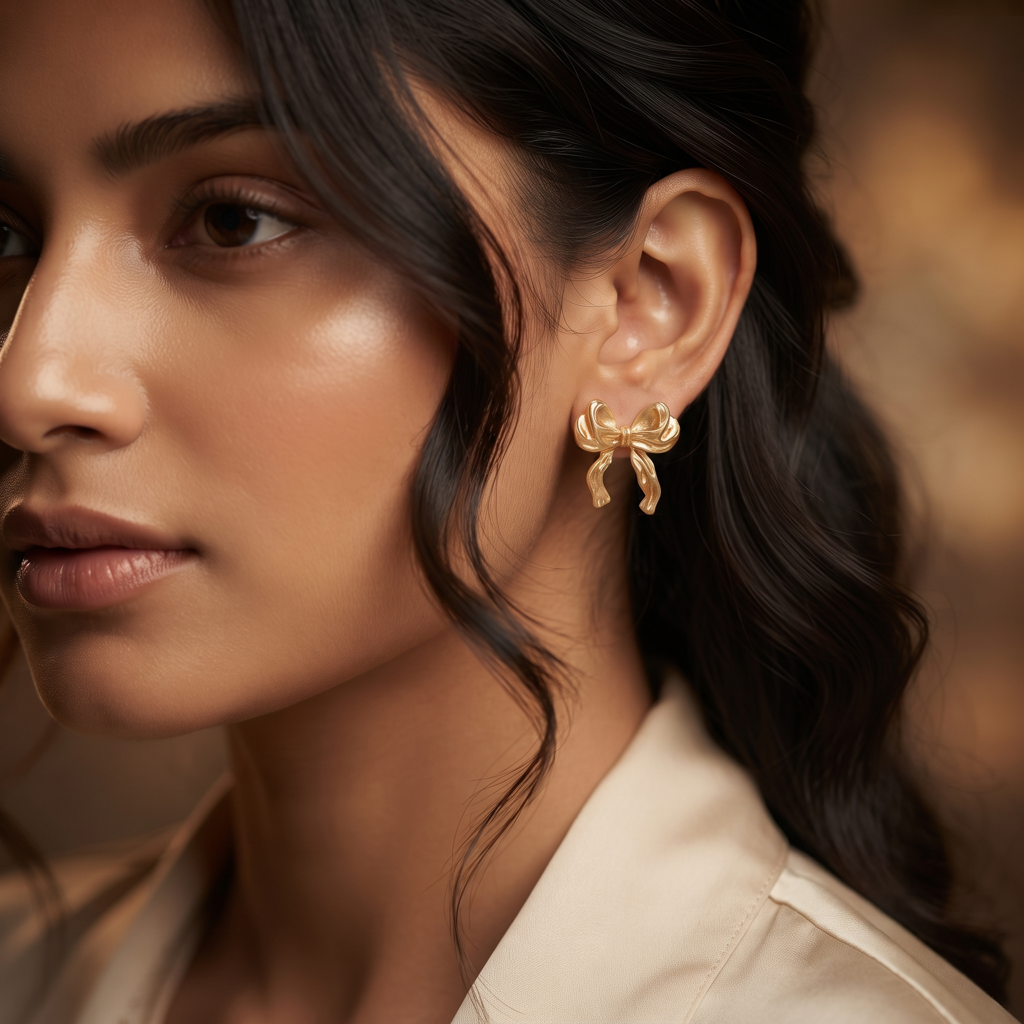 Gold Plated Brass Ribbon Bow Stud Earrings : SCDELER0462