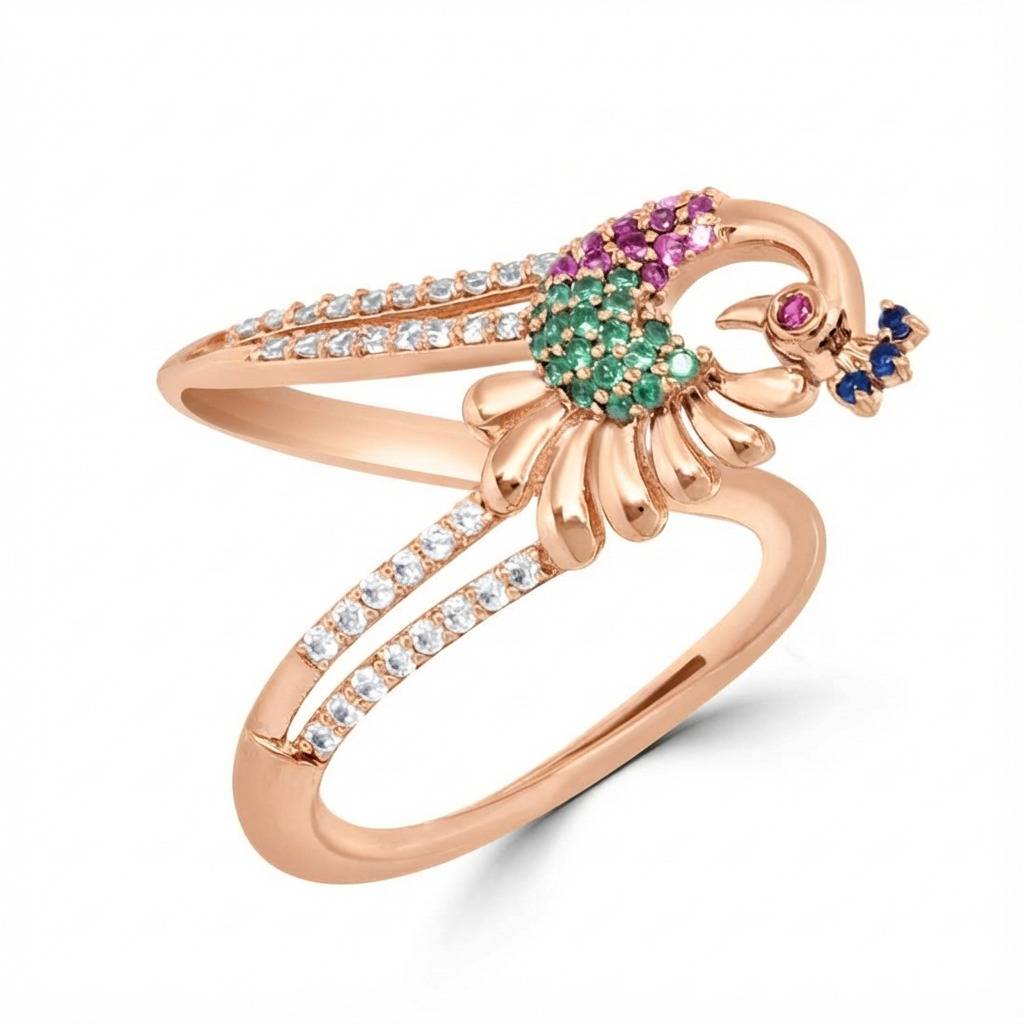 Regal Peacock Multi-Cz Rose Gold-Plated 925 Sterling Silver Ring : RNG-40374-RG