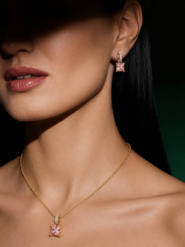 Square-Cut Pendant Necklace & Huggie Earring Set : SET1007PQSD