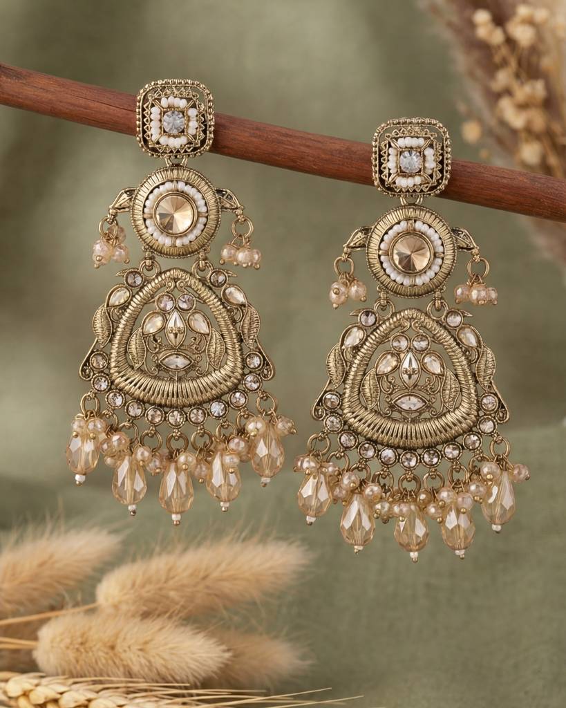 Gold Plated Antique Champagne Gold Stone Long Earrings For - Women : RJ100