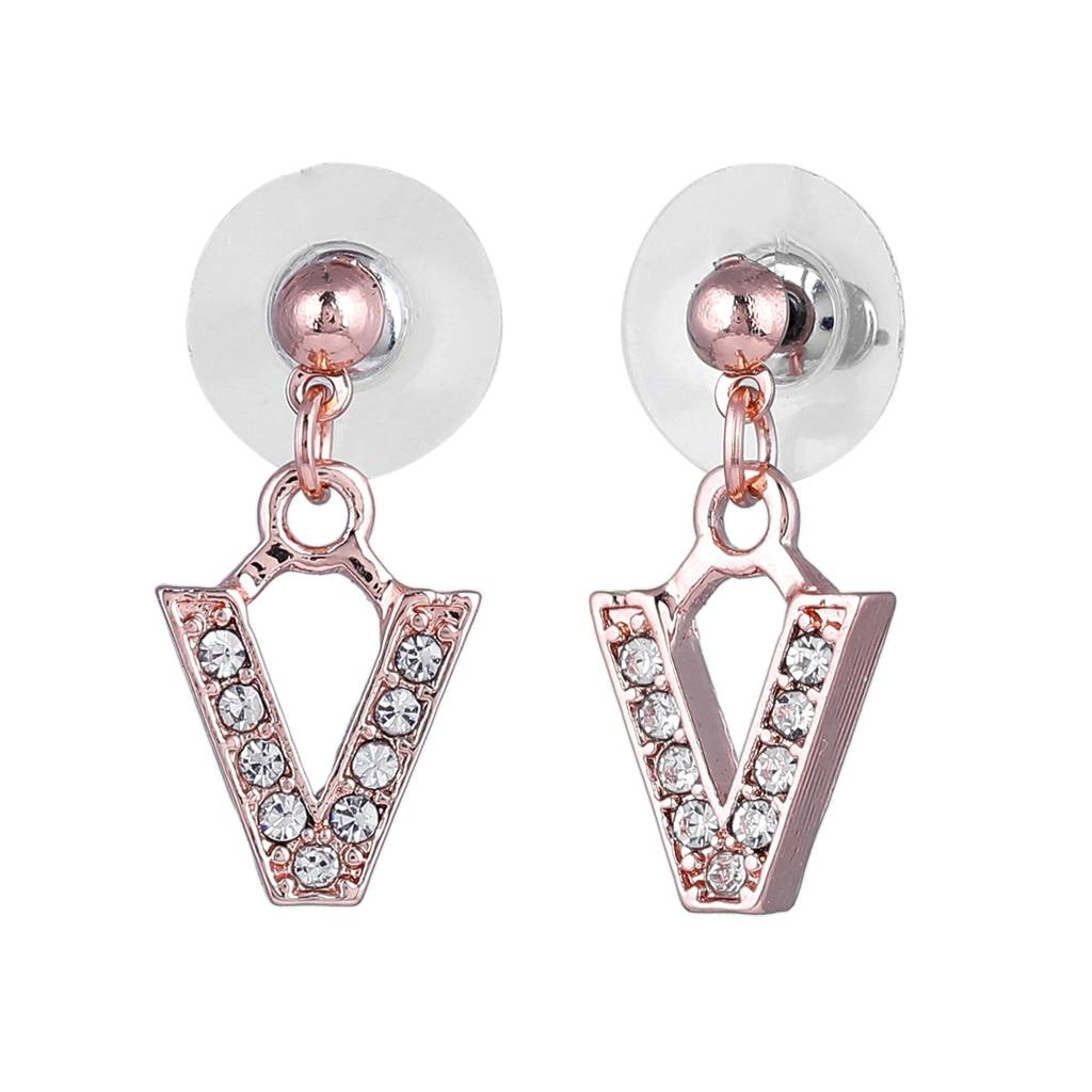 Estele Rosegold Plated Magnificent Medium 'V' Letter Earrings With Crystals For Women : 801701-RG-VER