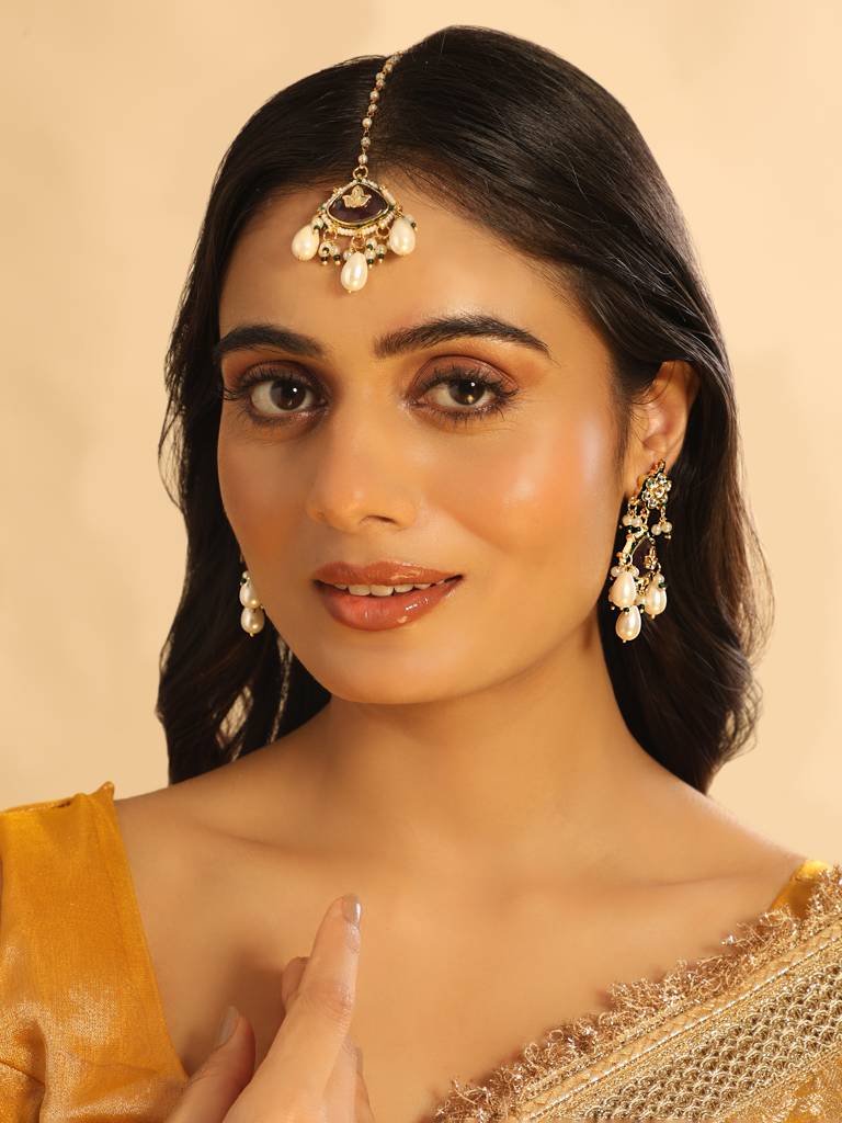 22K Gold Plated Ruby Grace Maang Tikka & Earrings Set : YI24A0450E
