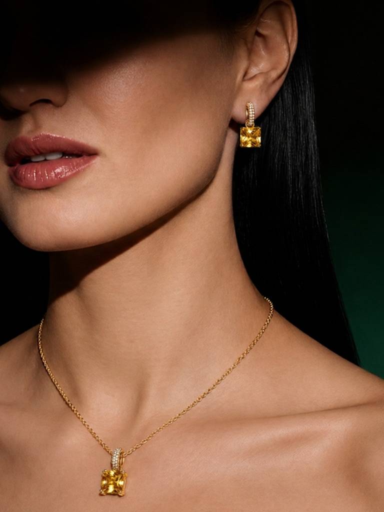 Square-Cut Pendant Necklace & Huggie Earring Set : SET1008YQSD