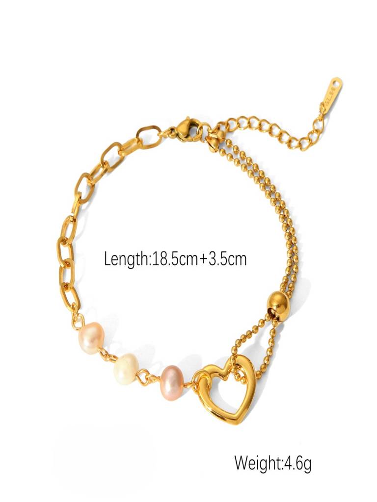 Heart Pearl Chain Bracelet 18K Gold Plated Waterproof Anti-Tarnish : AHC0925B0086