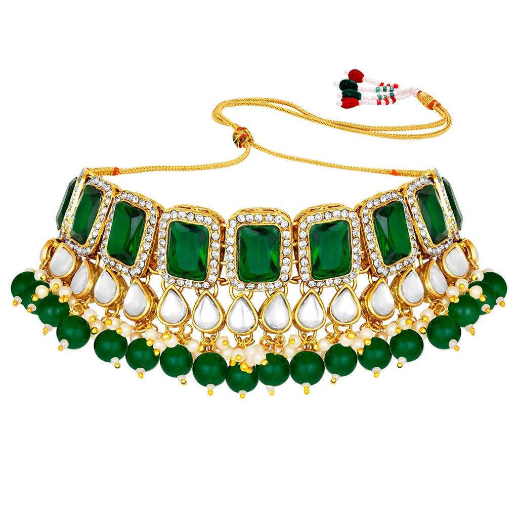 Peora Gold Plated Traditional Kundan Choker Necklace Jewellery Set With Dangle Earring Maang Tikka For Women Girls : PF24N2944G