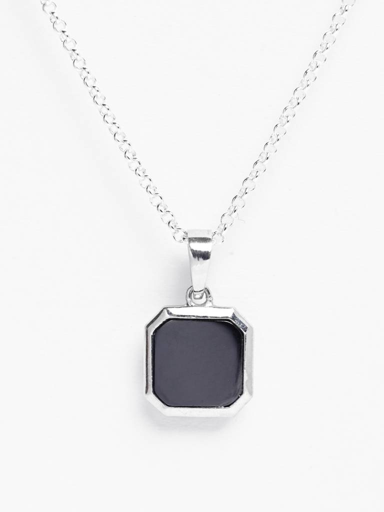 925 Silver Platinum Plated Swiss Zircon Black Onyx Men Pendant Necklace With Chain Gift For Men & Boys : CSMNP22