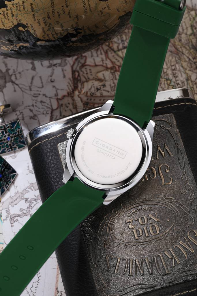 Stylish World Map Design Analog Watch For Men With Silver Case Round Dial, Textured Silicone Strap, Water Resist : GZ-50147-05
