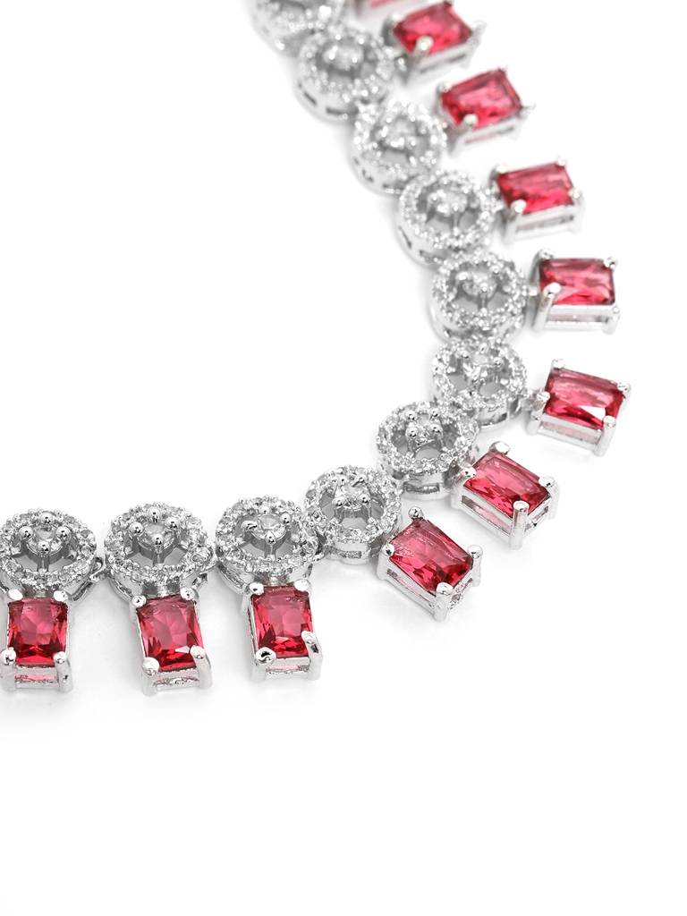 Silver Plated Square Ad Necklace Set : AD134RED